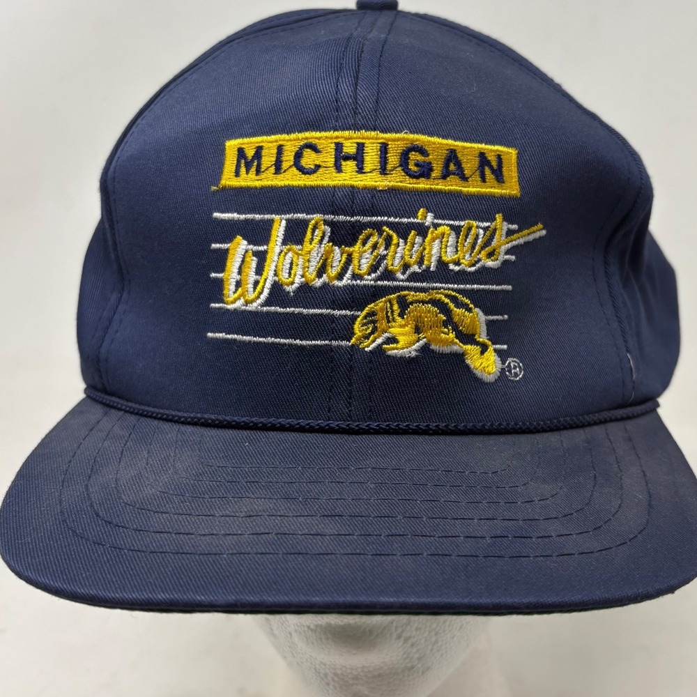Vintage Michigan Wolverines Snapback Hat Navy Blue 90s‎ NCAA Front Row